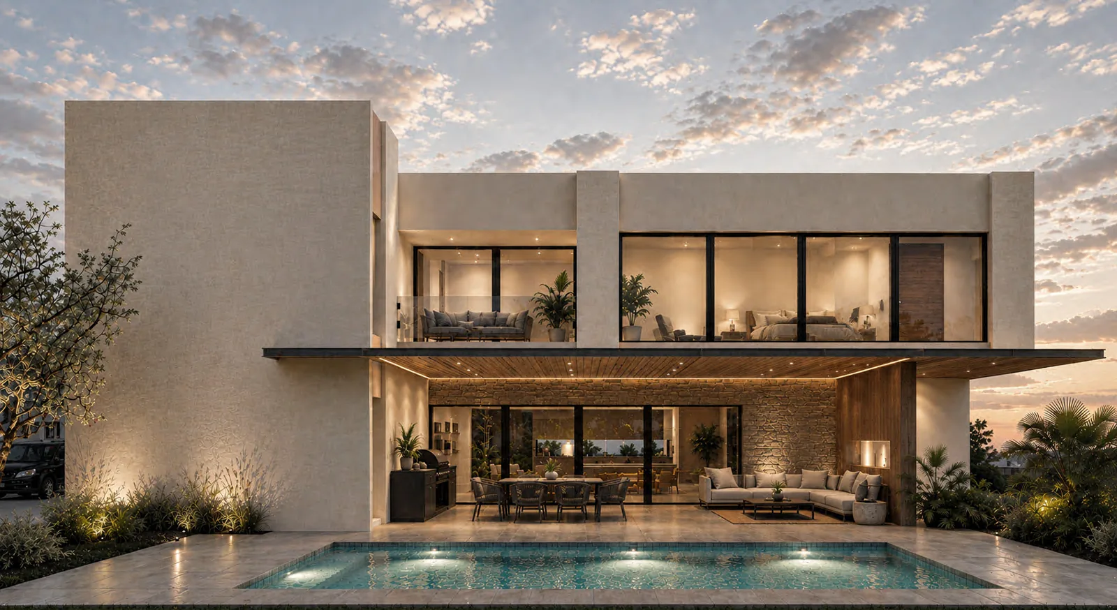 Fachada de una casa contemporánea al atardecer